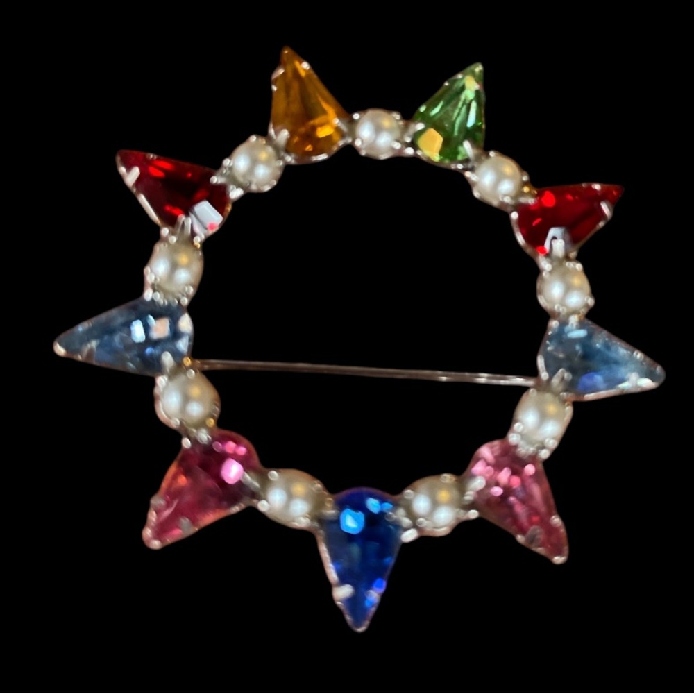 Colorful Gemstone Brooch with faux Pearls signed B David brooch star Vgt